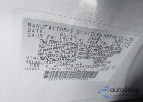 2018 Nissan Kicks Sv z USA, uszkodzony, nr VIN 3N1CP5CU2JL508501